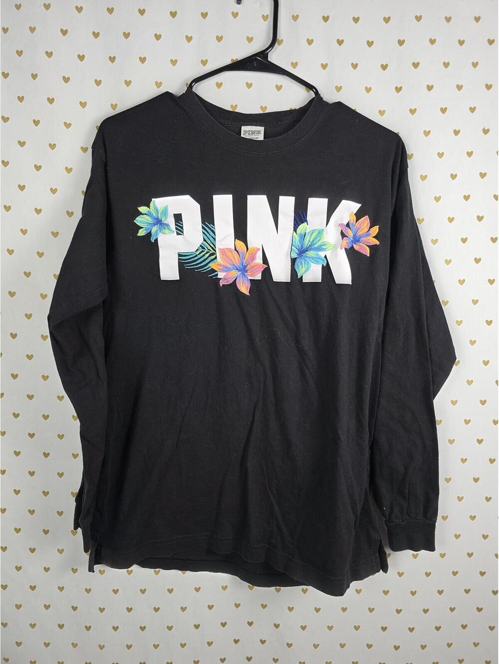 Victorias Secret PINK Embroidered FLORAL Long Sleeve Campus Logo Tee Shirt SMALL